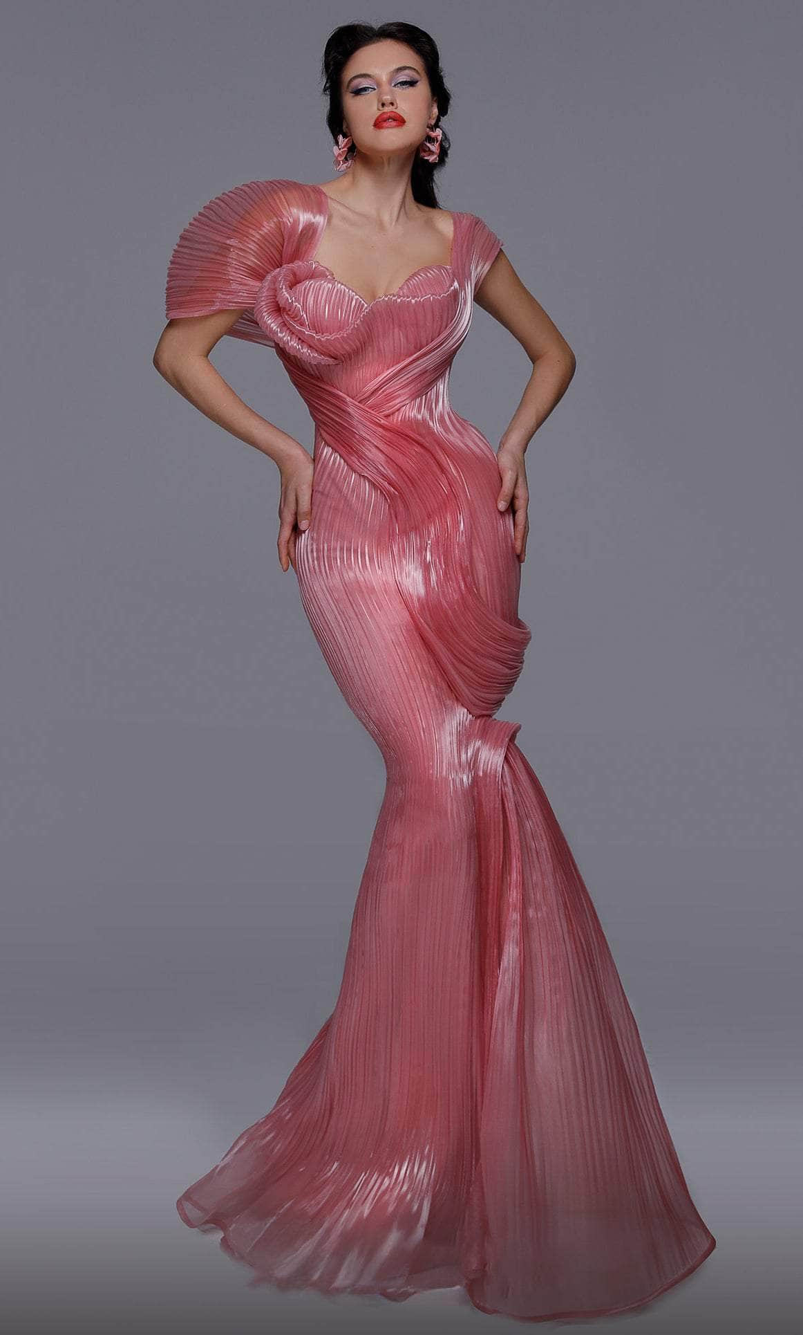 MNM COUTURE 2733 - Non-Symmetric Chiseled Long Gown Evening Dresses 4 / Pink