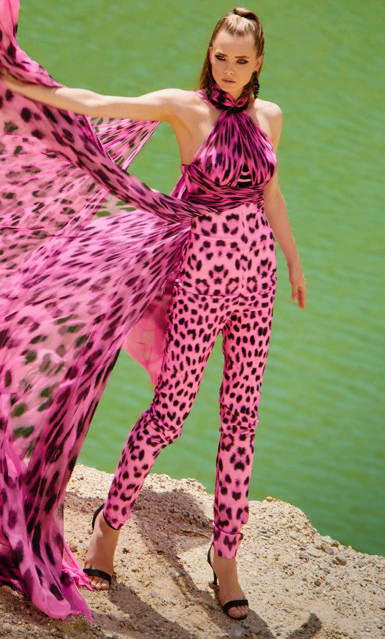 MNM COUTURE 2750 - High Halter Printed Jumpsuit Formal Pantsuits 4 / Fuchsia