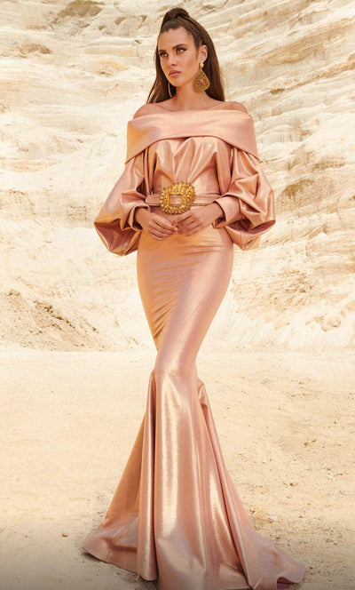 MNM Couture 2752 - Off-Shoulder Long Sleeve Evening Gown Evening Dresses 4 / Pink