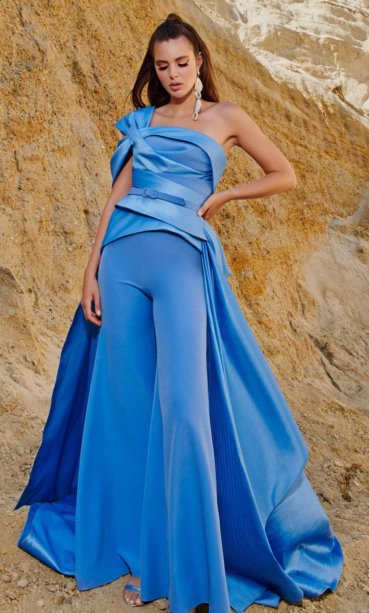 MNM COUTURE 2753 - Asymmetric Neck Overskirt Jumpsuit Formal Pantsuits 4 / Blue