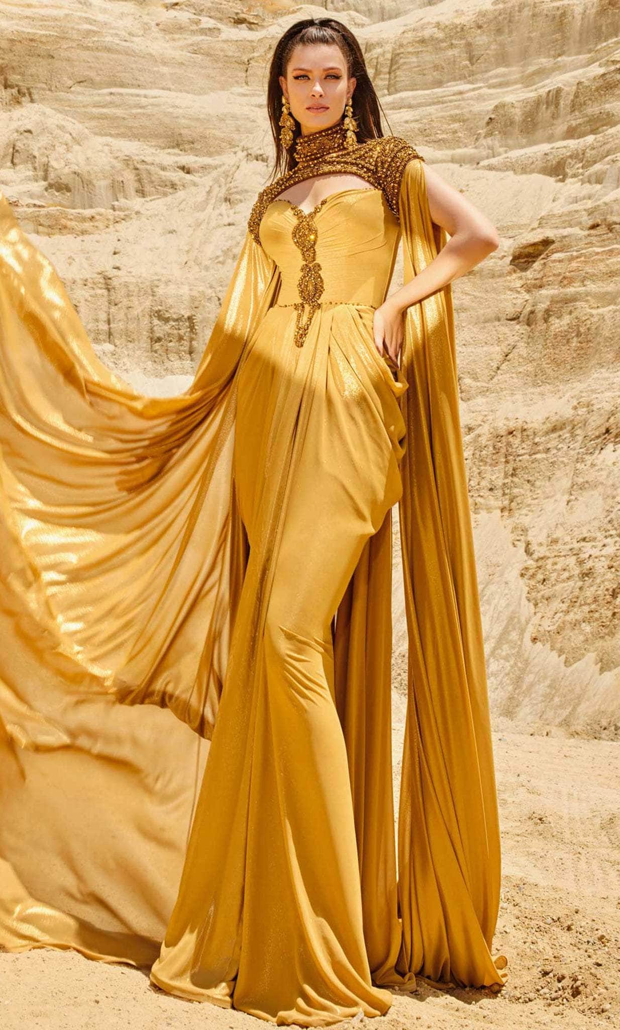 MNM COUTURE 2759 - High Neck Evening Gown With Cape Evening Dresses 4 / Gold