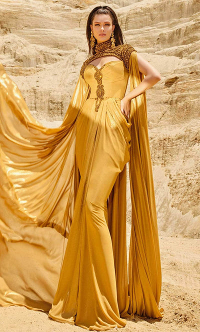 MNM COUTURE 2759 - High Neck Evening Gown With Cape Evening Dresses 4 / Gold