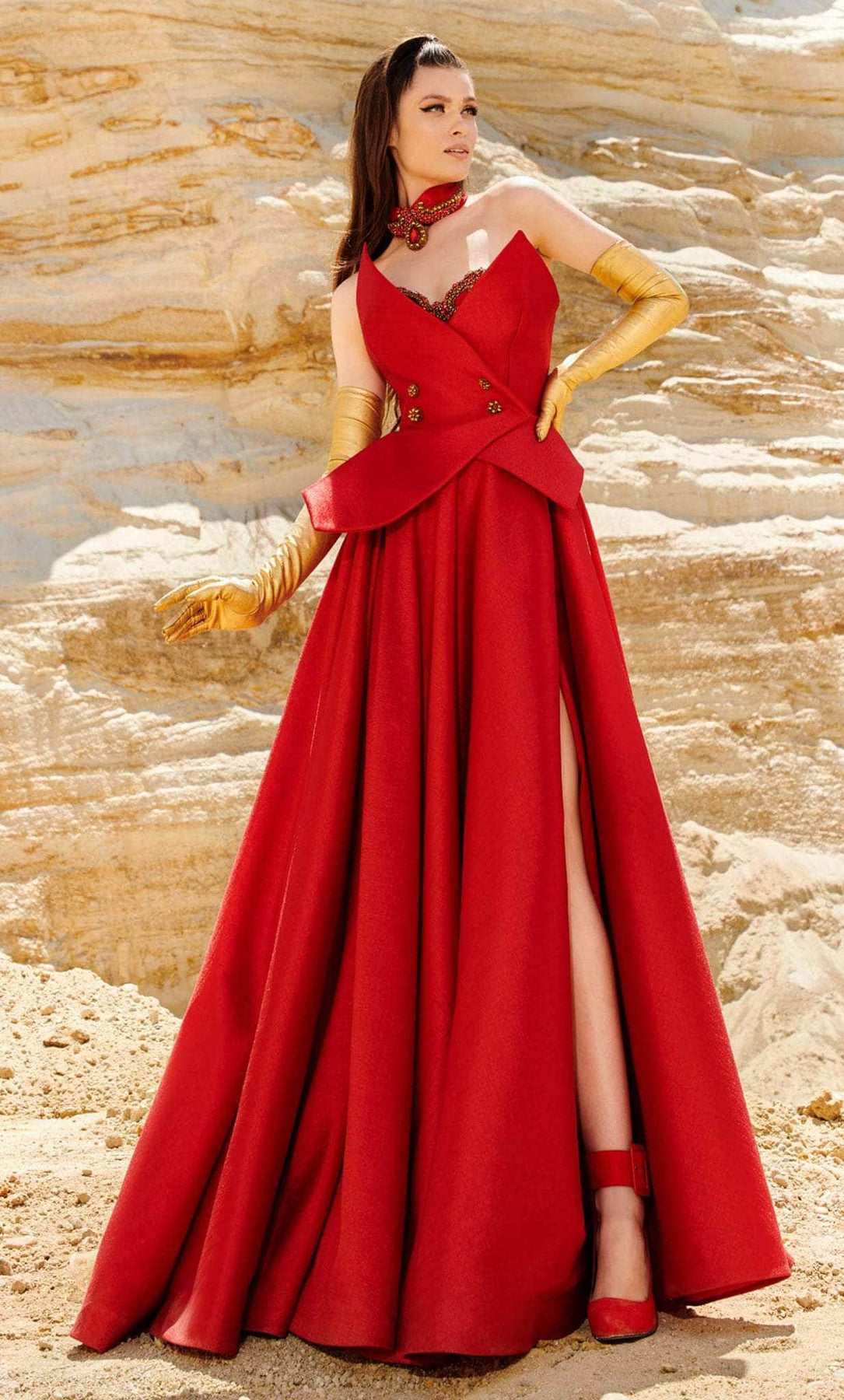MNM Couture 2767 - Long Crepe A-Line Dress - Strapless, Choker, Beaded, Peplum, Gloves, High Slit, Pleated, Sweep Train ADASA MNM Couture 2767 - Long Crepe A-Line Dress - Strapless, Choker, Beaded, Peplum, Gloves, High Slit, Pleated, Sweep Train ADASA