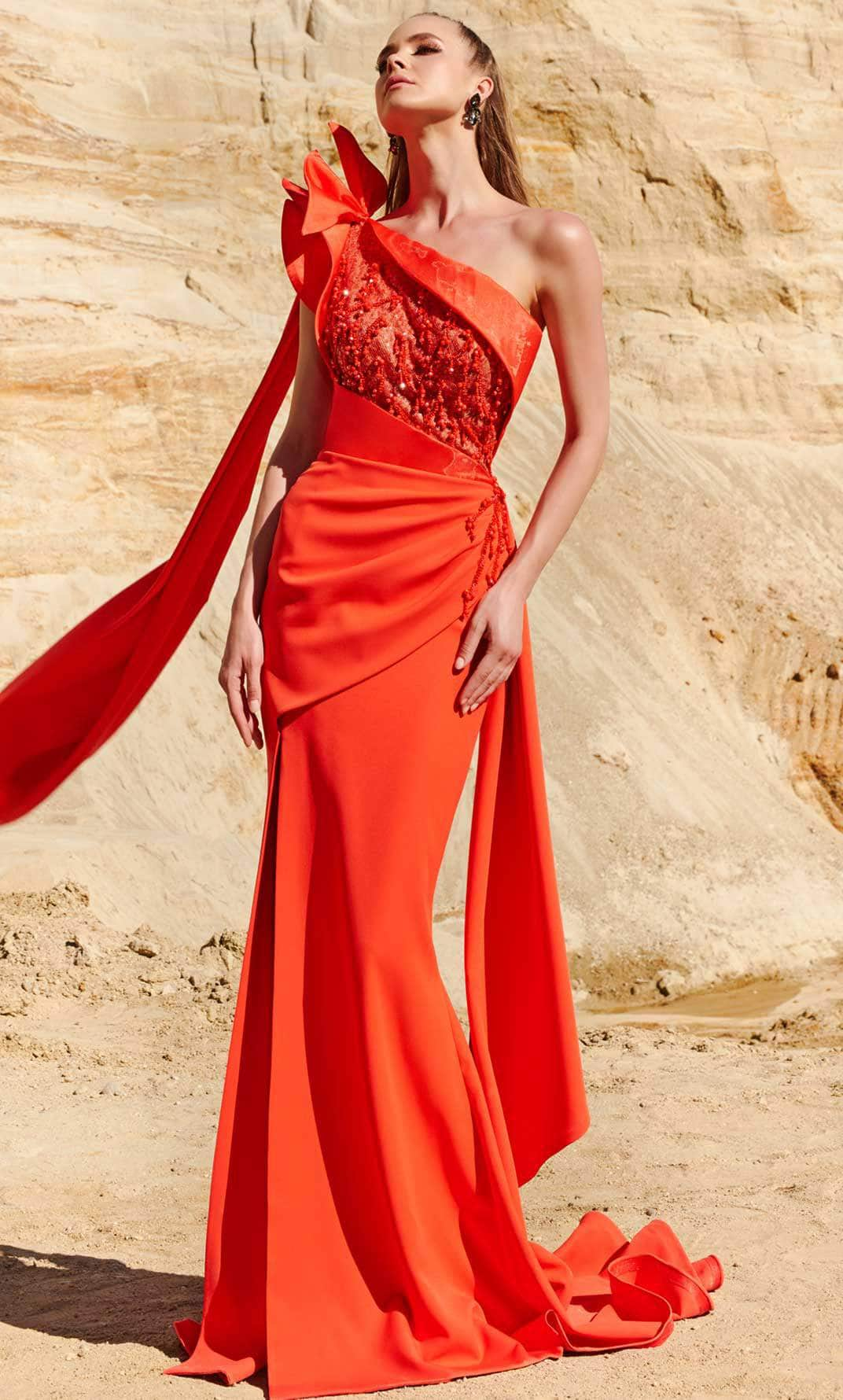 MNM COUTURE 2772 - Beaded Bod Asymmetric Gown Special Occasion Dress 4 / Red