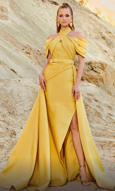 MNM COUTURE 2776 - Pleated Off Shoulder Evening Gown Evening Dresses 4 / Yellow
