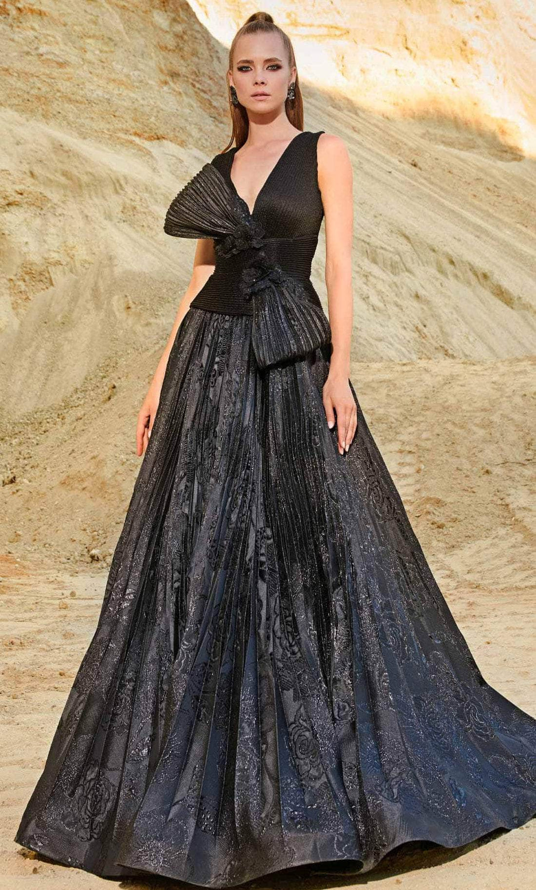 MNM COUTURE 2780 - Pleated Floral A-line Gown Evening Dresses