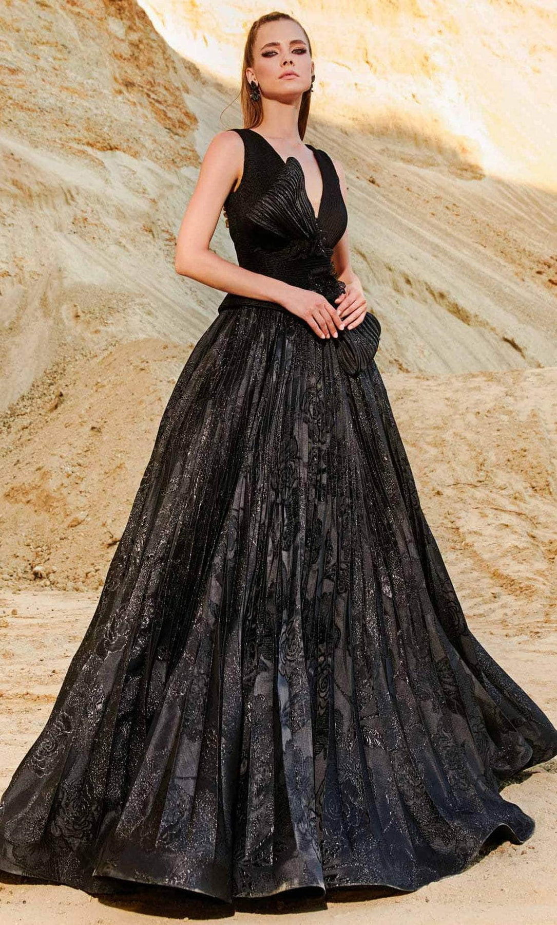 MNM COUTURE 2780 - Pleated Floral A-line Gown Evening Dresses