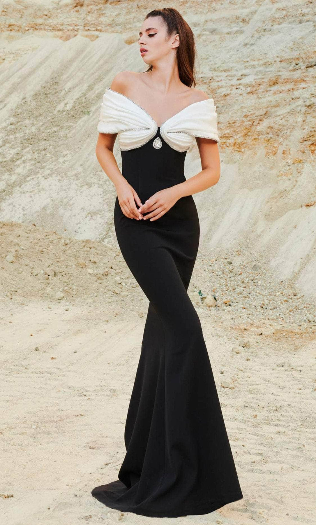 MNM Couture 2781 - Long Trumpet Dress - Off shoulder sleeves, Fitted bodice, Floor length, Evening gown, Sweep train 16 / Black MNM Couture 2781 - Long Trumpet Dress - Off shoulder sleeves, Fitted bodice, Floor length, Evening gown, Sweep train 16 / Black