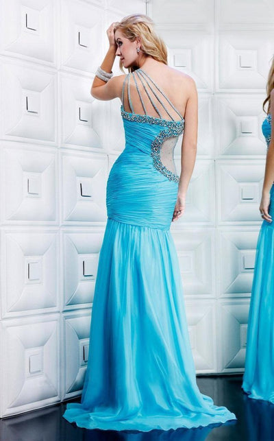 MNM Couture - Asymmetrical Ruched Embellished Evening Gown 7760 CCSALE 10 / Blue