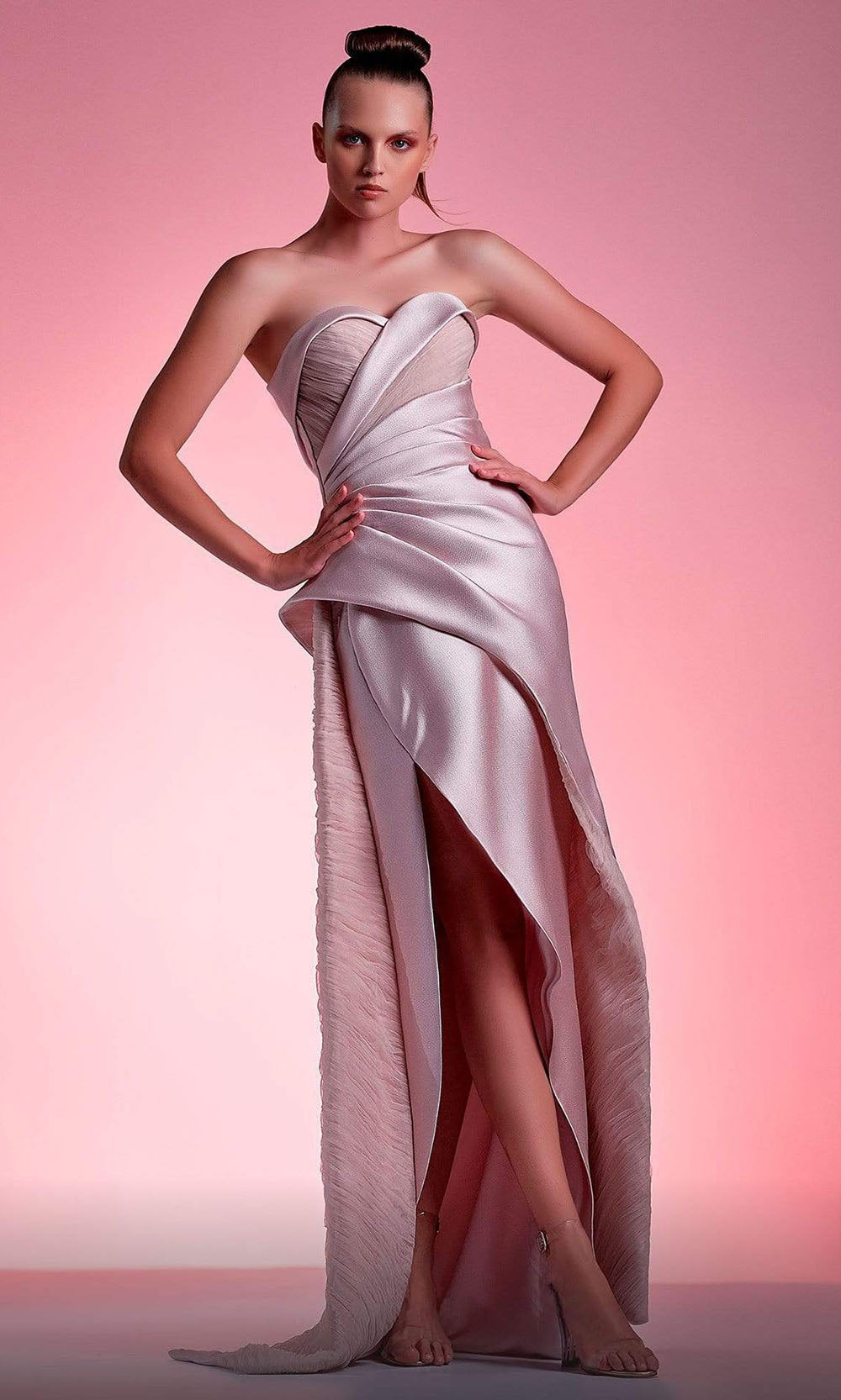 MNM COUTURE - G1206SC Strapless Asymmetrical Pleats Ruched Long Gown In Pink