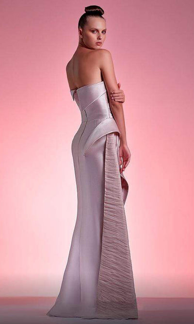 MNM COUTURE - G1206SC Strapless Asymmetrical Pleats Ruched Long Gown In Pink