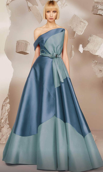 MNM COUTURE E0014 - Pleated Asymmetric Neck Evening Gown Prom Dresses 4 / Mint