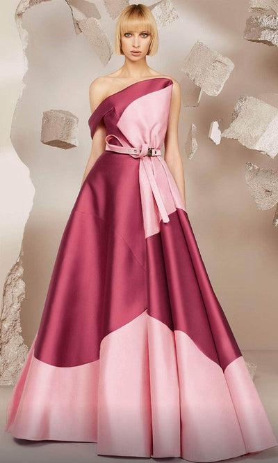 MNM COUTURE E0014 - Pleated Asymmetric Neck Evening Gown Prom Dresses 4 / Pink