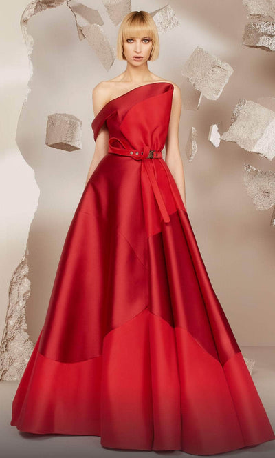 MNM COUTURE E0014 - Pleated Asymmetric Neck Evening Gown Prom Dresses 4 / Red