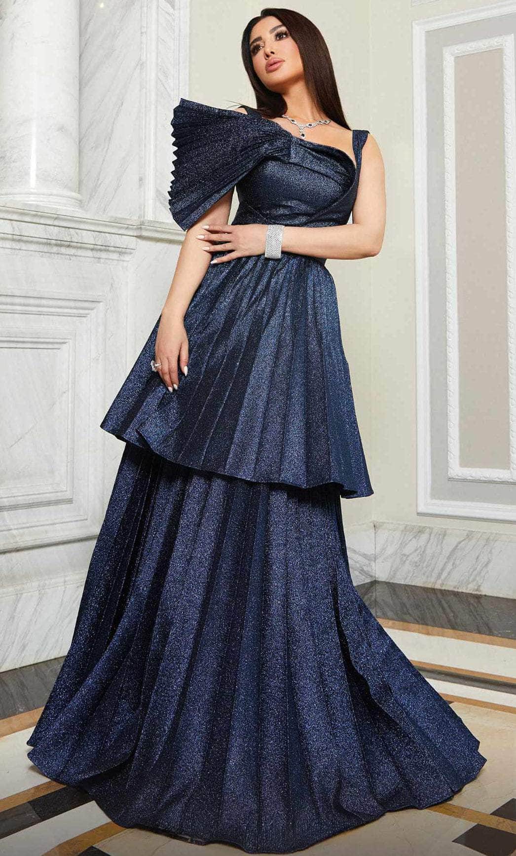 MNM Couture E0017 - Asymmetric Metallic Pleated Evening Gown Prom Dresses 4 / Navy Blue
