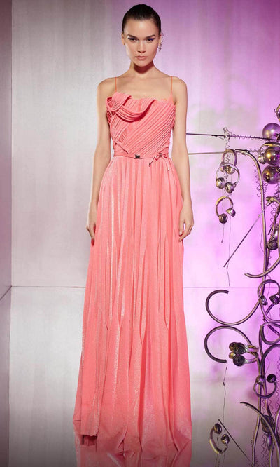 MNM Couture E0045 - Spaghetti Strap Pleated Dress Evening Dresses 0 / Pink