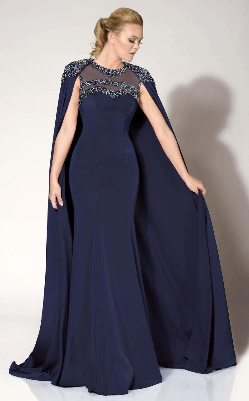 MNM COUTURE - Embellished Illusion Caped Gown 10840 CCSALE 10 / Navy Blue