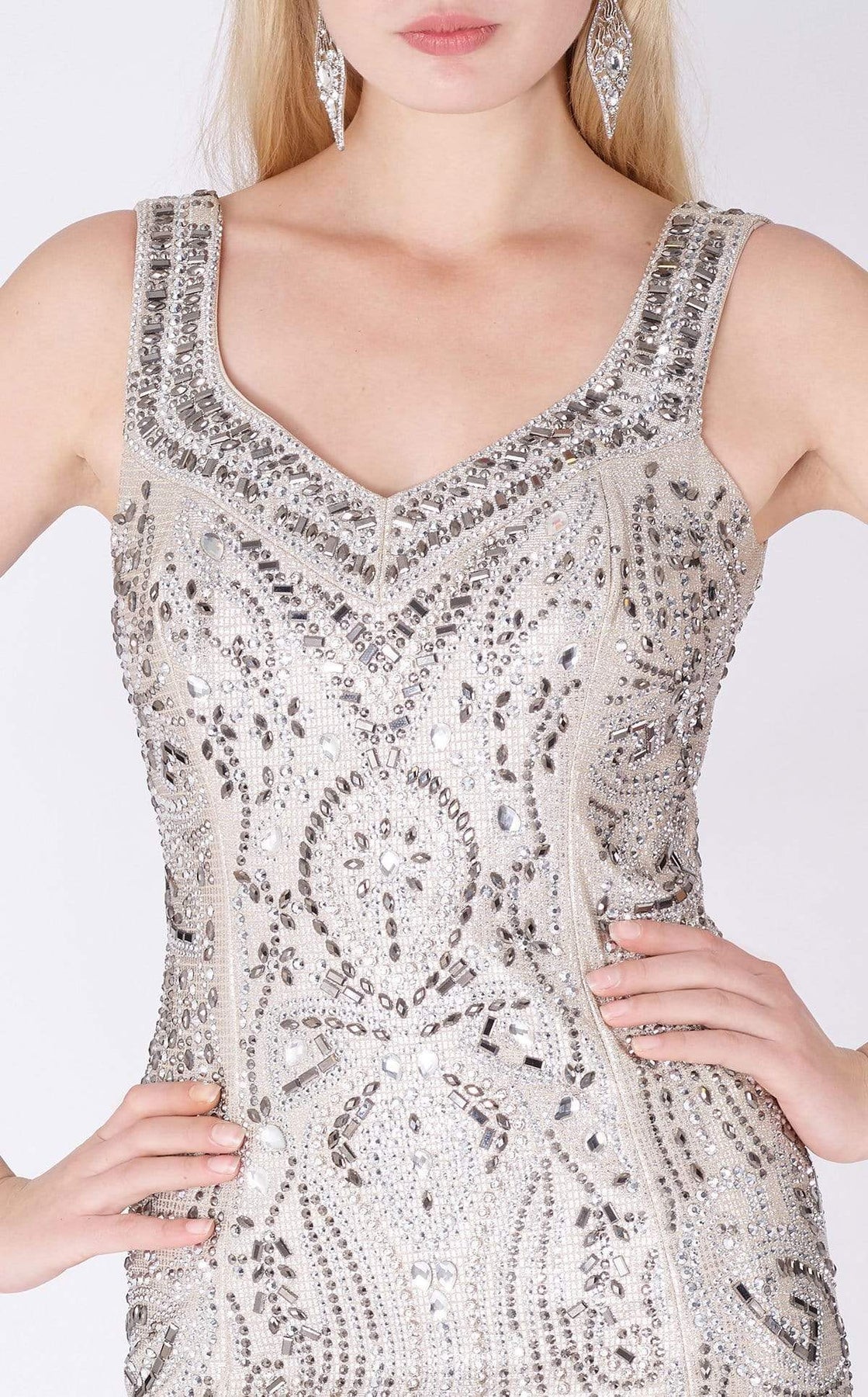 MNM COUTURE - F00301 Sleeveless Jewel Beaded Long Sheath Gown In Silver