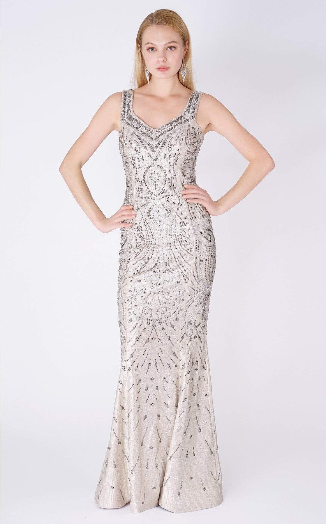 MNM COUTURE - F00301 Sleeveless Jewel Beaded Long Sheath Gown Prom Dresses 2 / Silver
