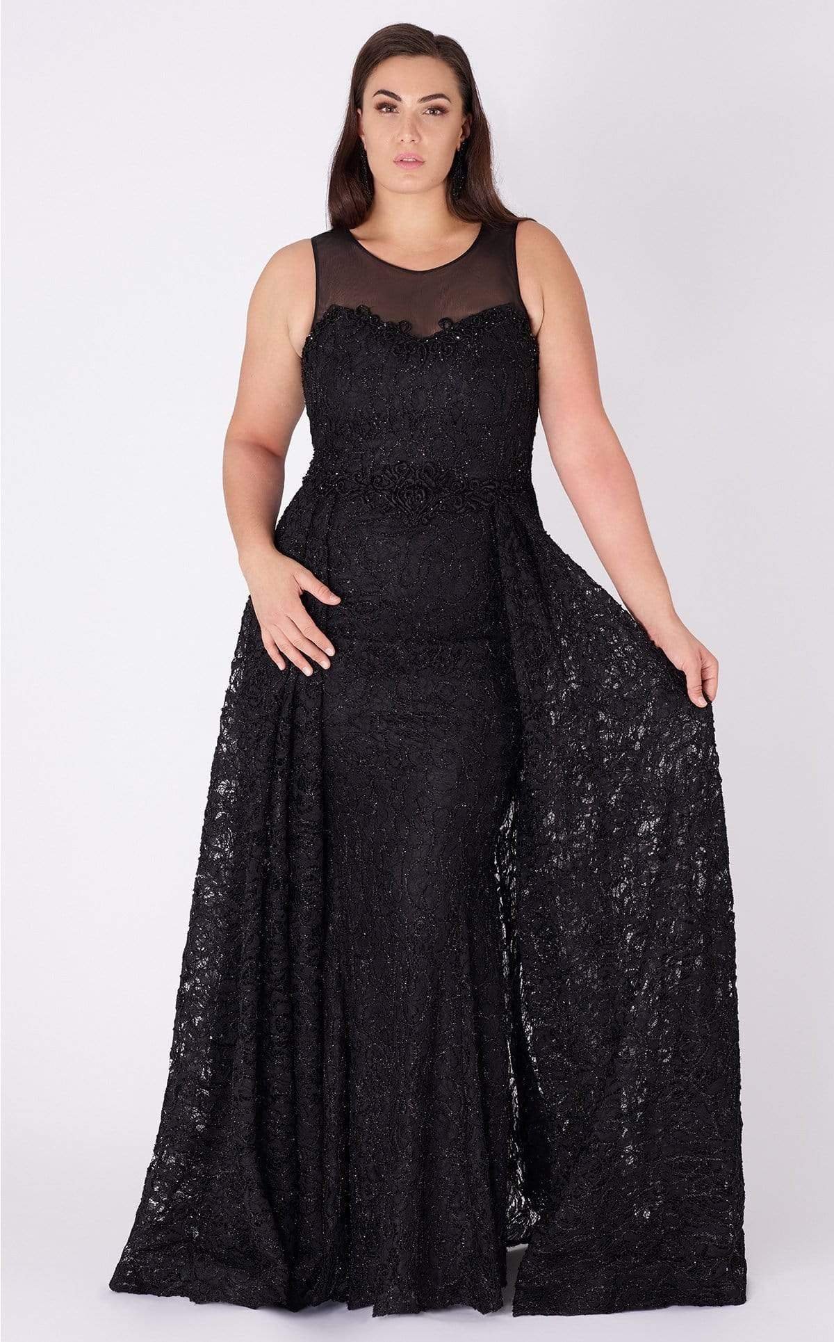 MNM COUTURE - F00330 Sleeveless Lace Mermaid Gown with Overskirt In Black