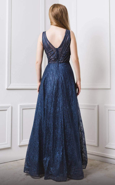 MNM COUTURE - F00625 Embroidered Deep V-neck A-line Gown In Blue