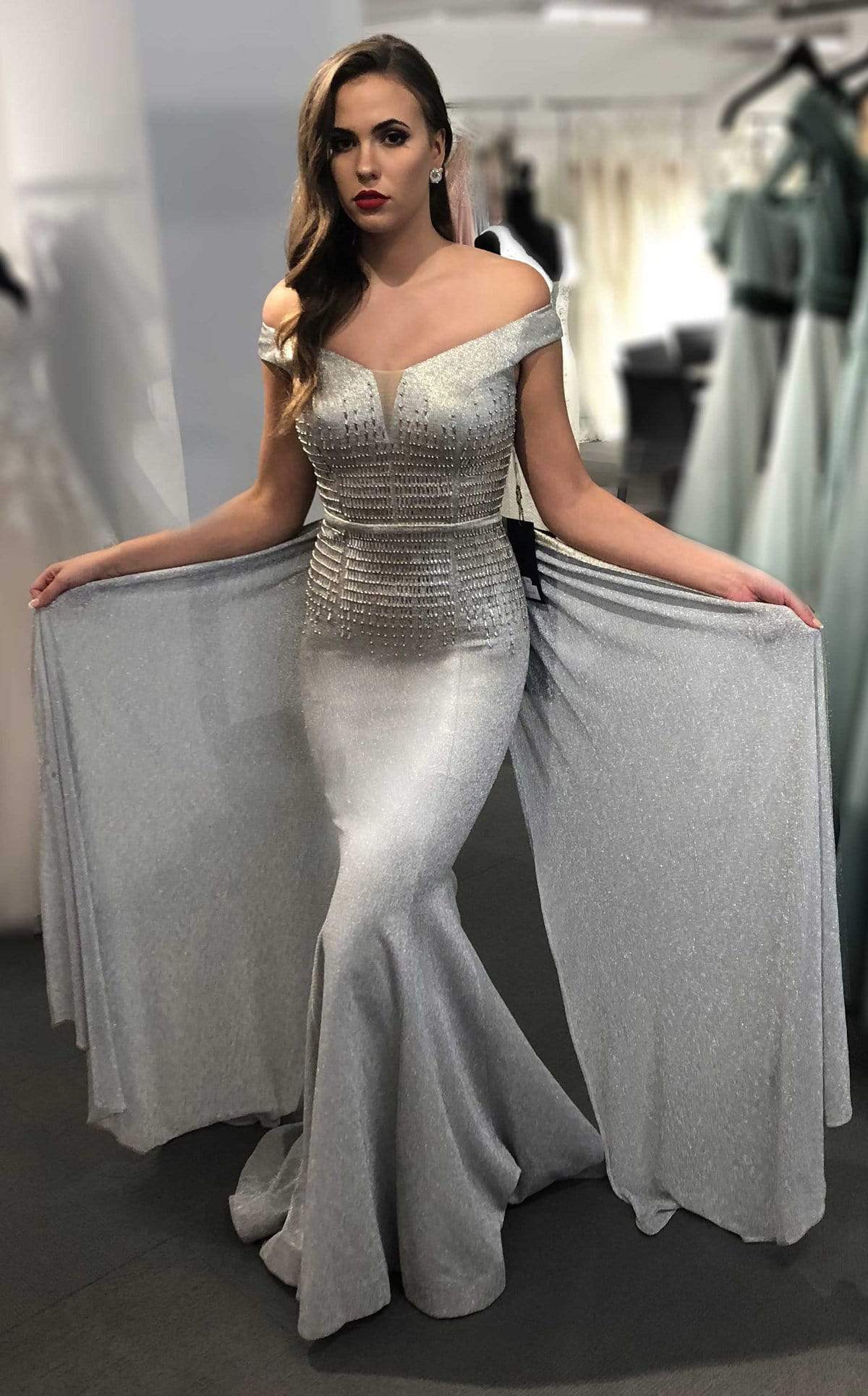 MNM COUTURE - F4384 Embellished Off-Shoulder Trumpet Dress In Silver