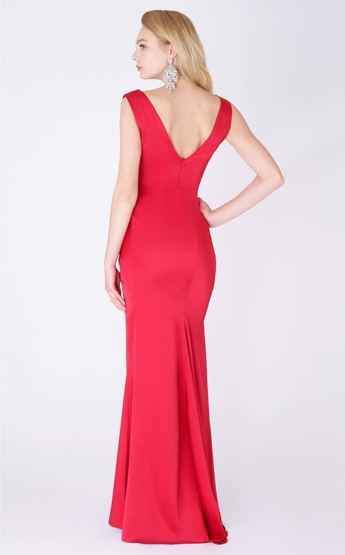 MNM COUTURE - F4427 V Neck Crisscross Fitted Bodice Long Dress In Red