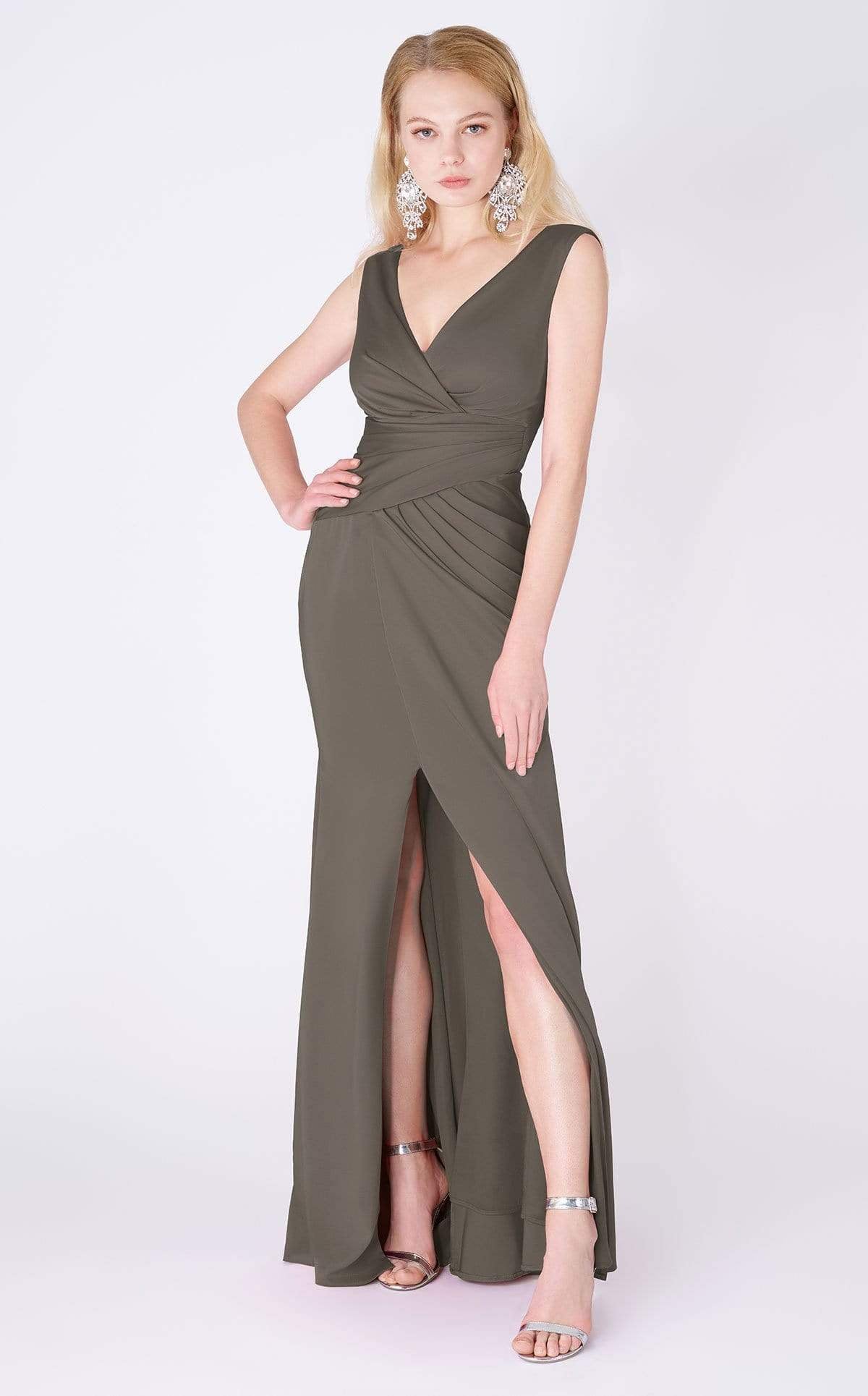 MNM COUTURE - F4427 V Neck Crisscross Fitted Bodice Long Dress In Brown and Gray