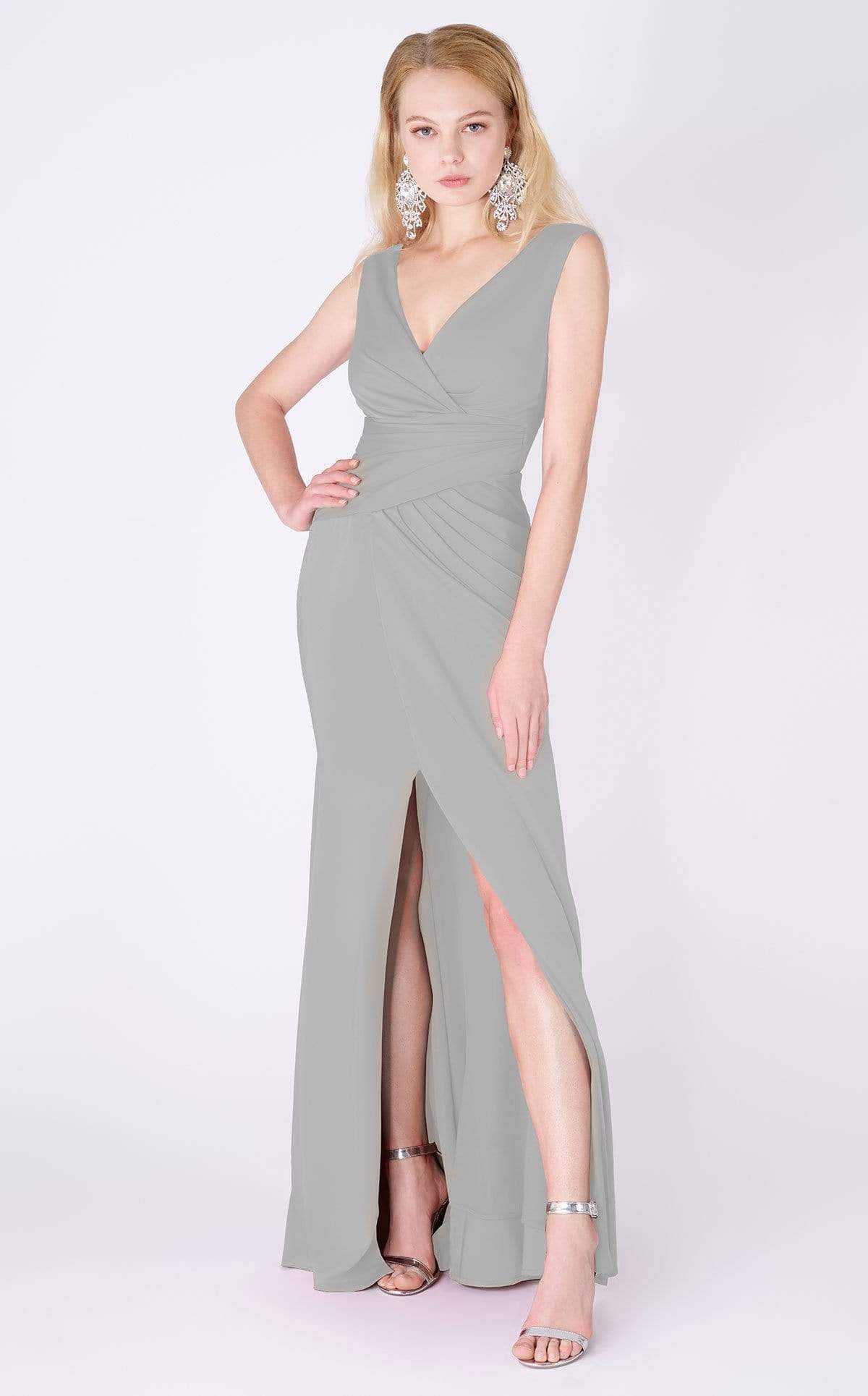 MNM COUTURE - F4427 V Neck Crisscross Fitted Bodice Long Dress In Gray