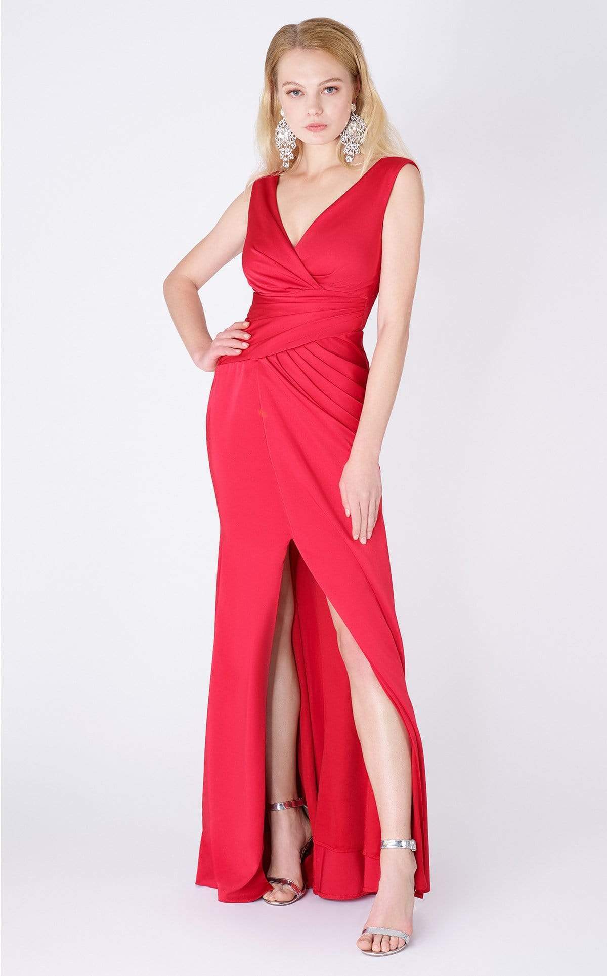 MNM COUTURE - F4427 V Neck Crisscross Fitted Bodice Long Dress In Red