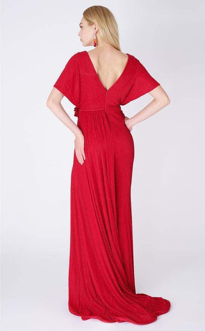 MNM COUTURE - F4595 Surplice V Neck Cape Sleeve High Slit Long Dress In Red