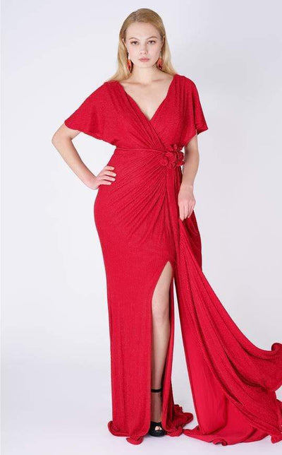 MNM COUTURE - F4595 Surplice V Neck Cape Sleeve High Slit Long Dress In Red