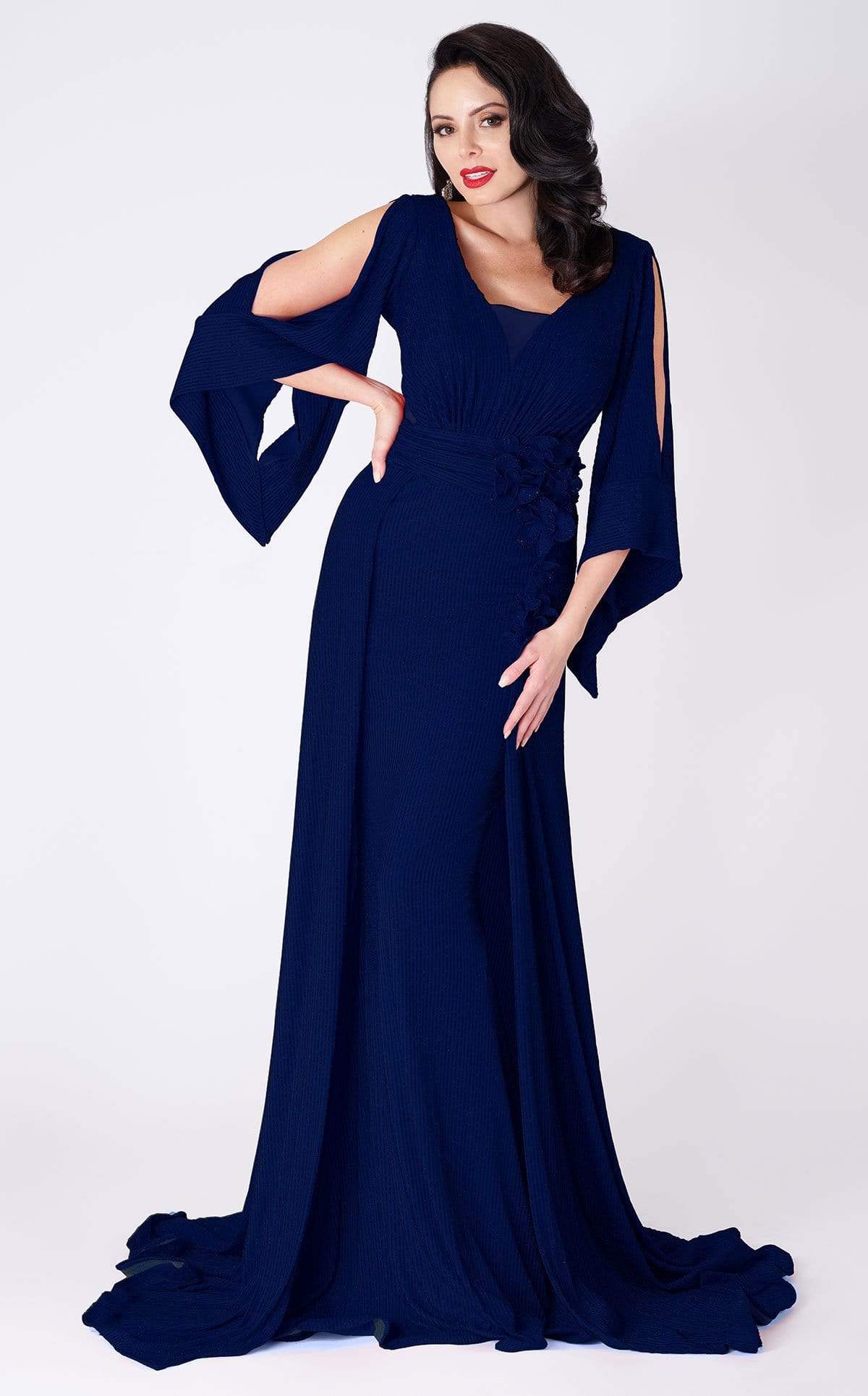 MNM COUTURE - F4670 Split Sleeved V Neck Long Formal Dress Formal Gowns 2 / Blue