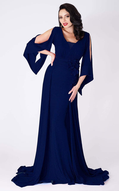 MNM COUTURE - F4670 Split Sleeved V Neck Long Formal Dress Formal Gowns 2 / Blue