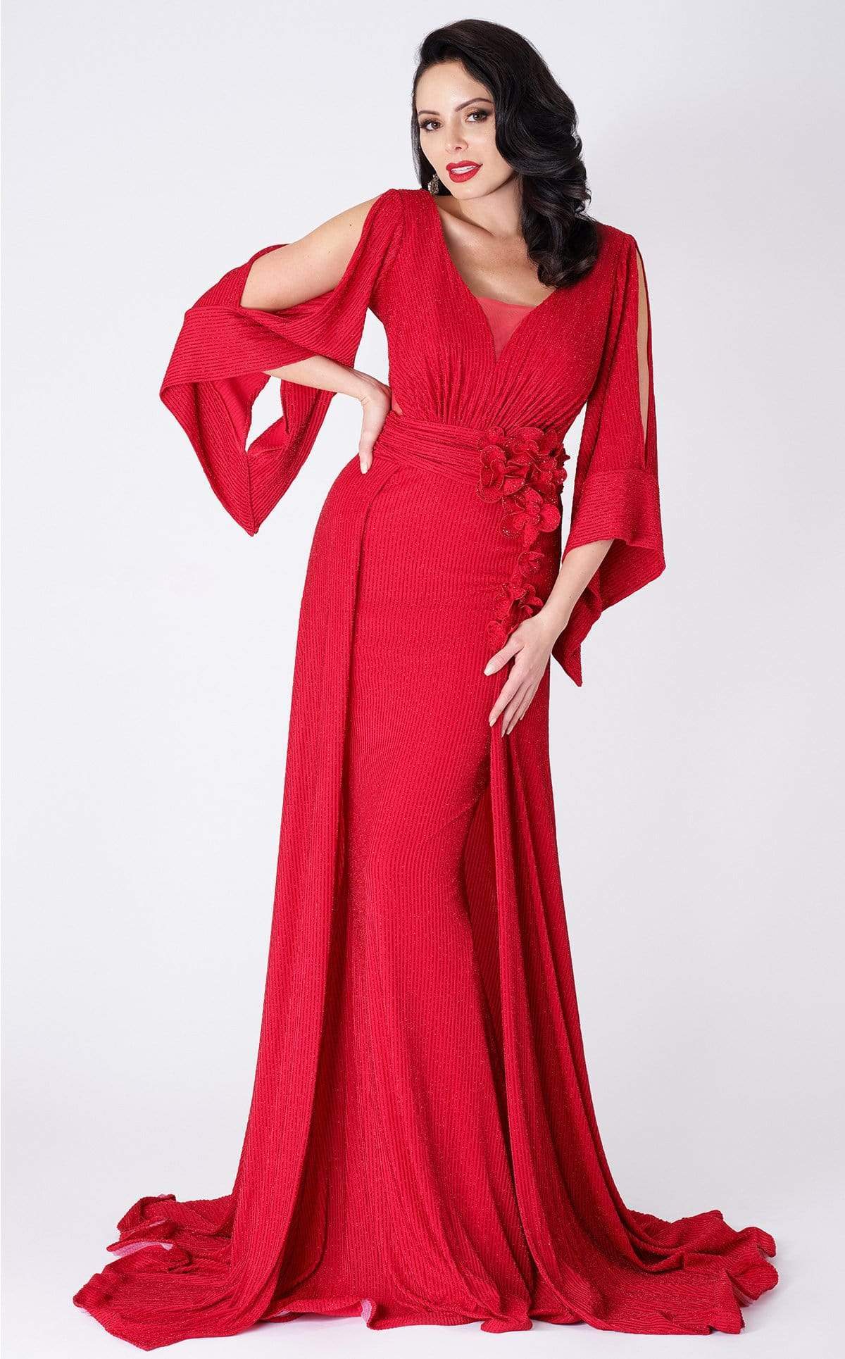 MNM COUTURE - F4670 Split Sleeved V Neck Long Formal Dress Formal Gowns 2 / Red