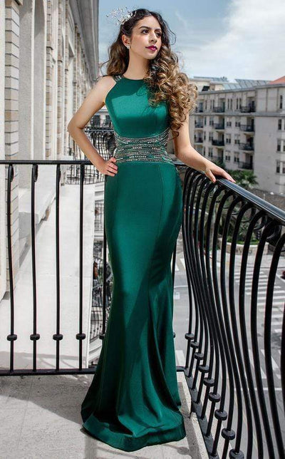 MNM COUTURE - F4741 Jewel Beaded Midriff Cutout Trumpet Gown In Green