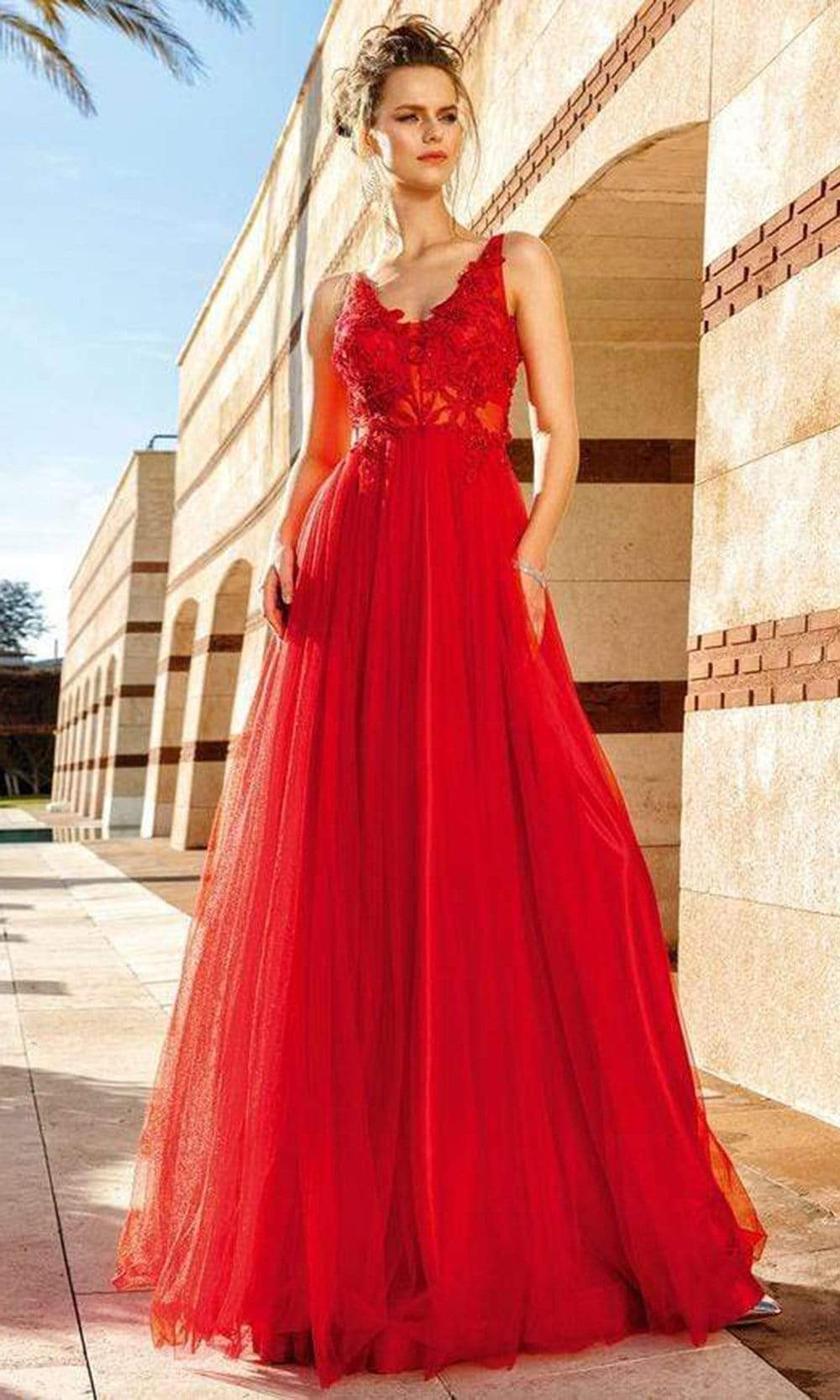 MNM COUTURE - F4884 Floral Embroidered V-neck A-line Gown Evening Dresses 2 / Red