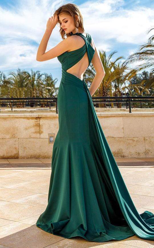 MNM COUTURE - F4928 Deep V-neck Pleated Mermaid Dress With Train Evening Dresses
