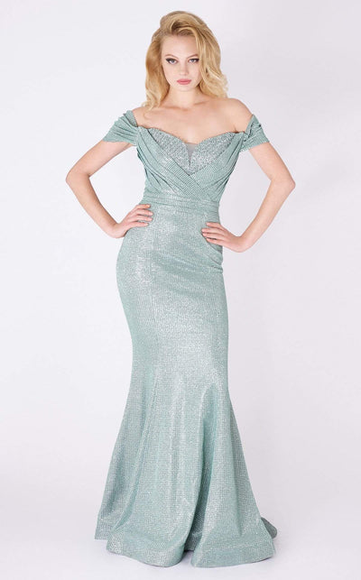 MNM COUTURE - F7542 Embellished Off-Shoulder Trumpet Dress In Green