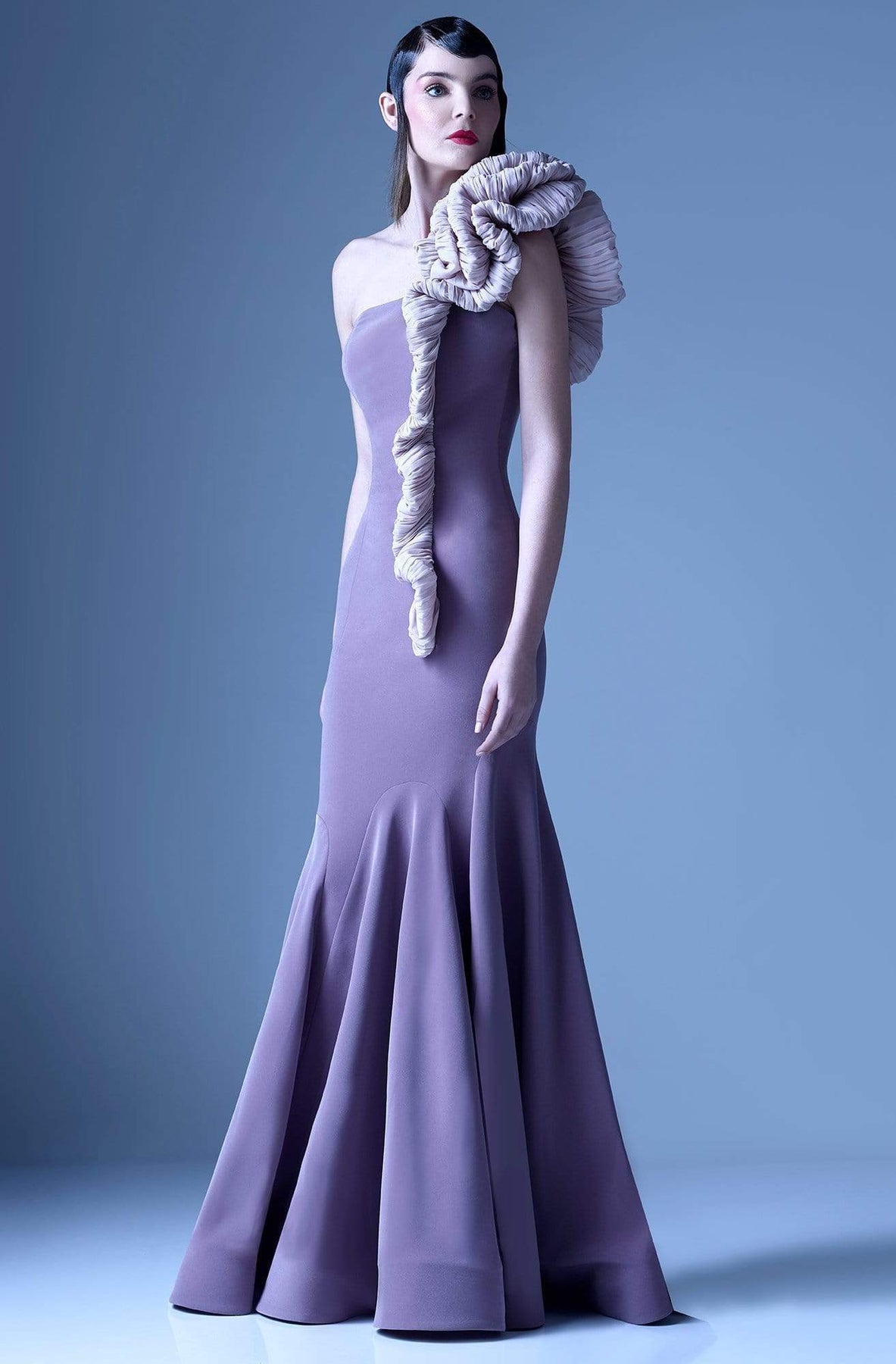 MNM Couture - G0932 Ruffled Asymmetric Mermaid Dress in Purple