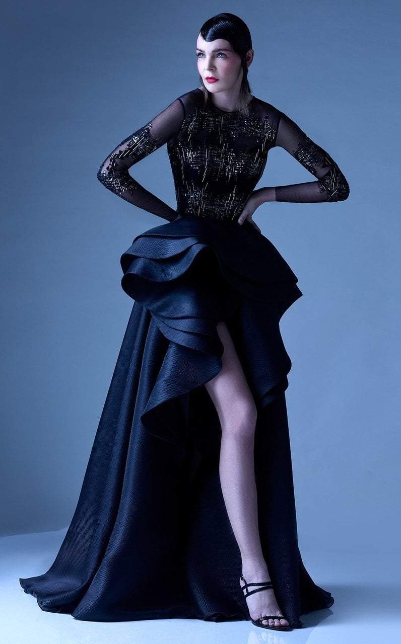 MNM Couture - G0954 Embellished Sheer Long Sleeve HighLow Evening Gown Special Occasion Dress