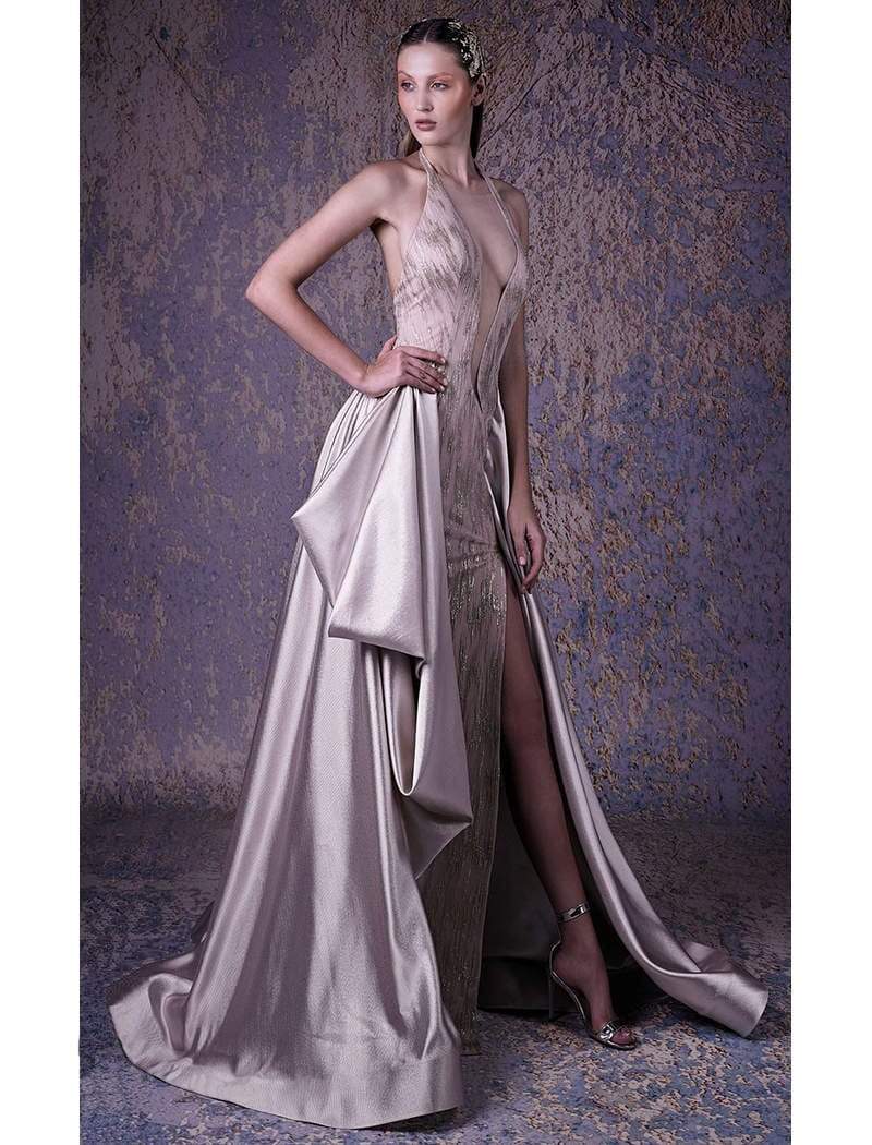 MNM COUTURE - G1030 Embellished Deep Halter V-neck A-line Gown In Neutral
