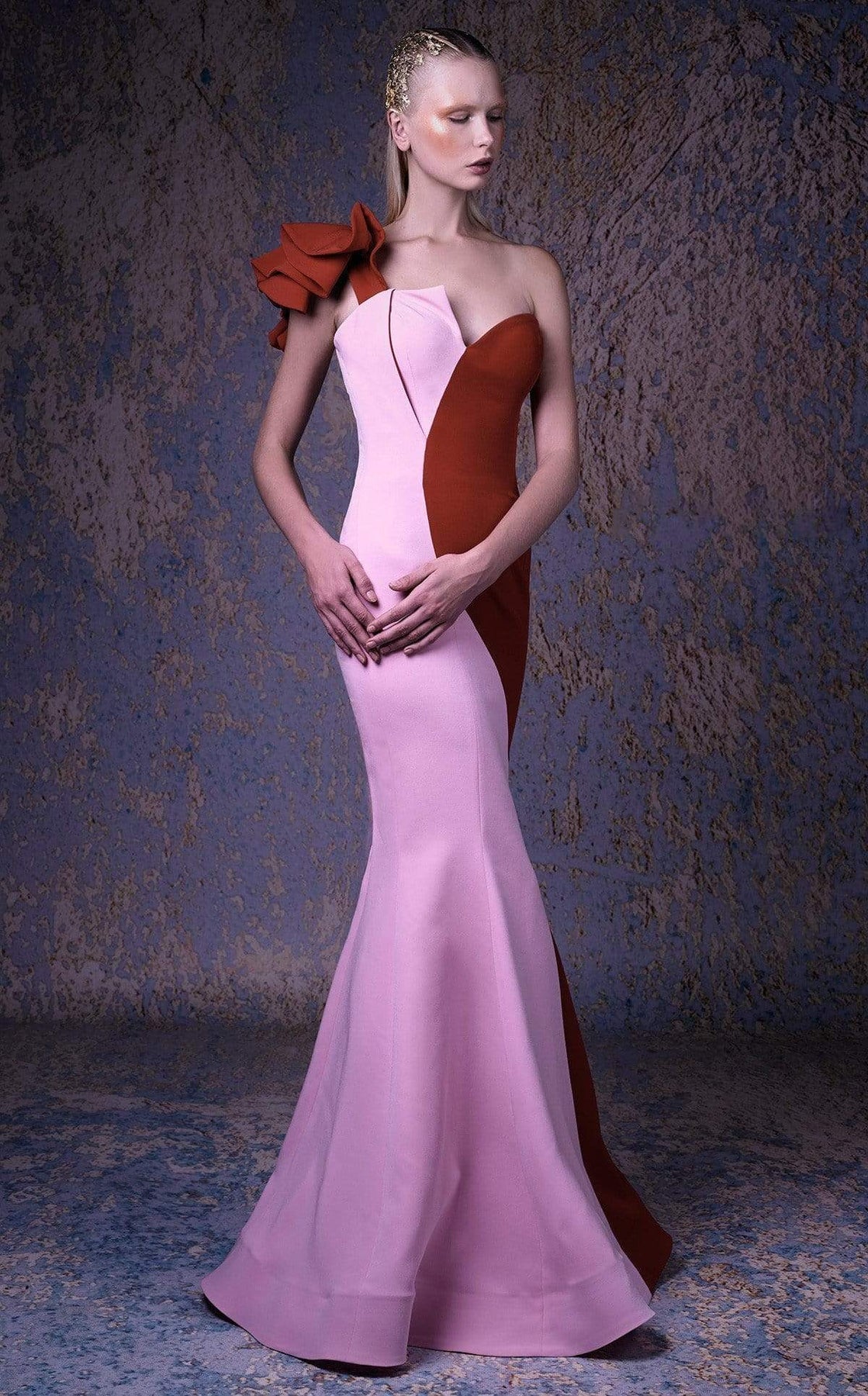 MNM COUTURE - G1041 Two Tone One Shoulder Mermaid Dress Special Occasion Dress 2 / Pink Red