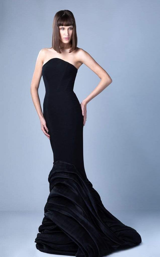 MNM COUTURE - G1066 Strapless Asymmetric Neckline Ruched Mermaid Gown In Black