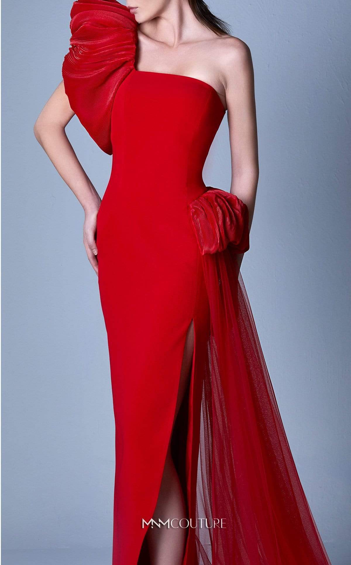 MNM COUTURE - G1096 Asymmetric Neck Fitted Dress With Draping In Red
