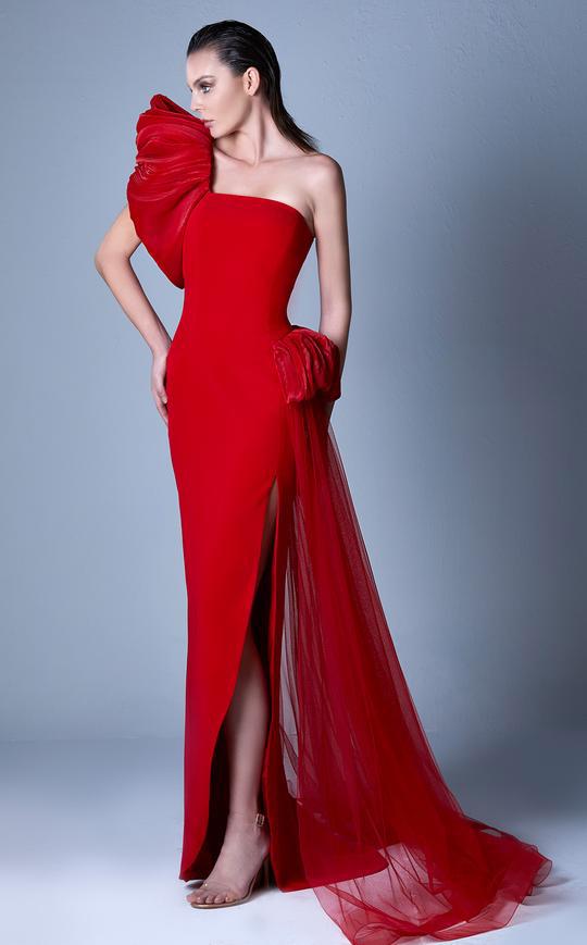 MNM COUTURE - G1096 Asymmetric Neck Fitted Dress With Draping In Red