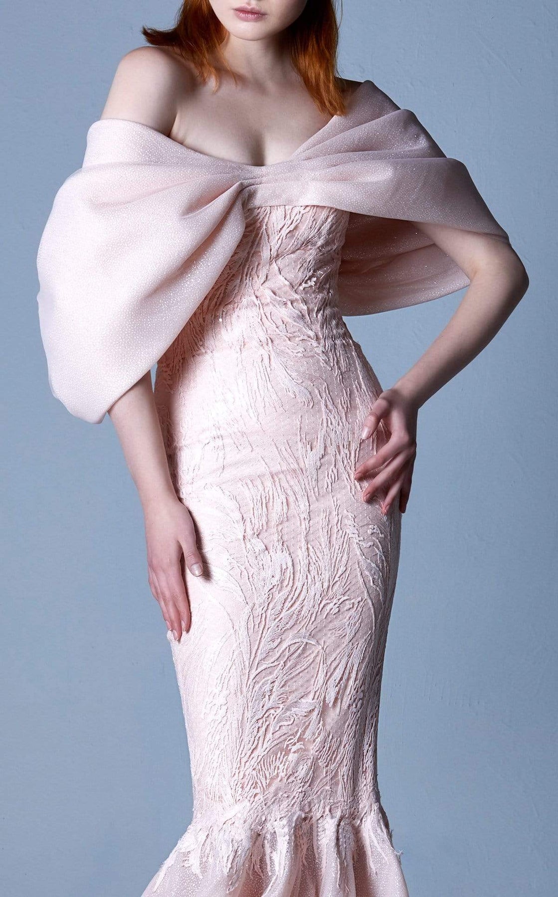 MNM COUTURE - G1103 Caped Off-Shoulder Mermaid Gown In Pink