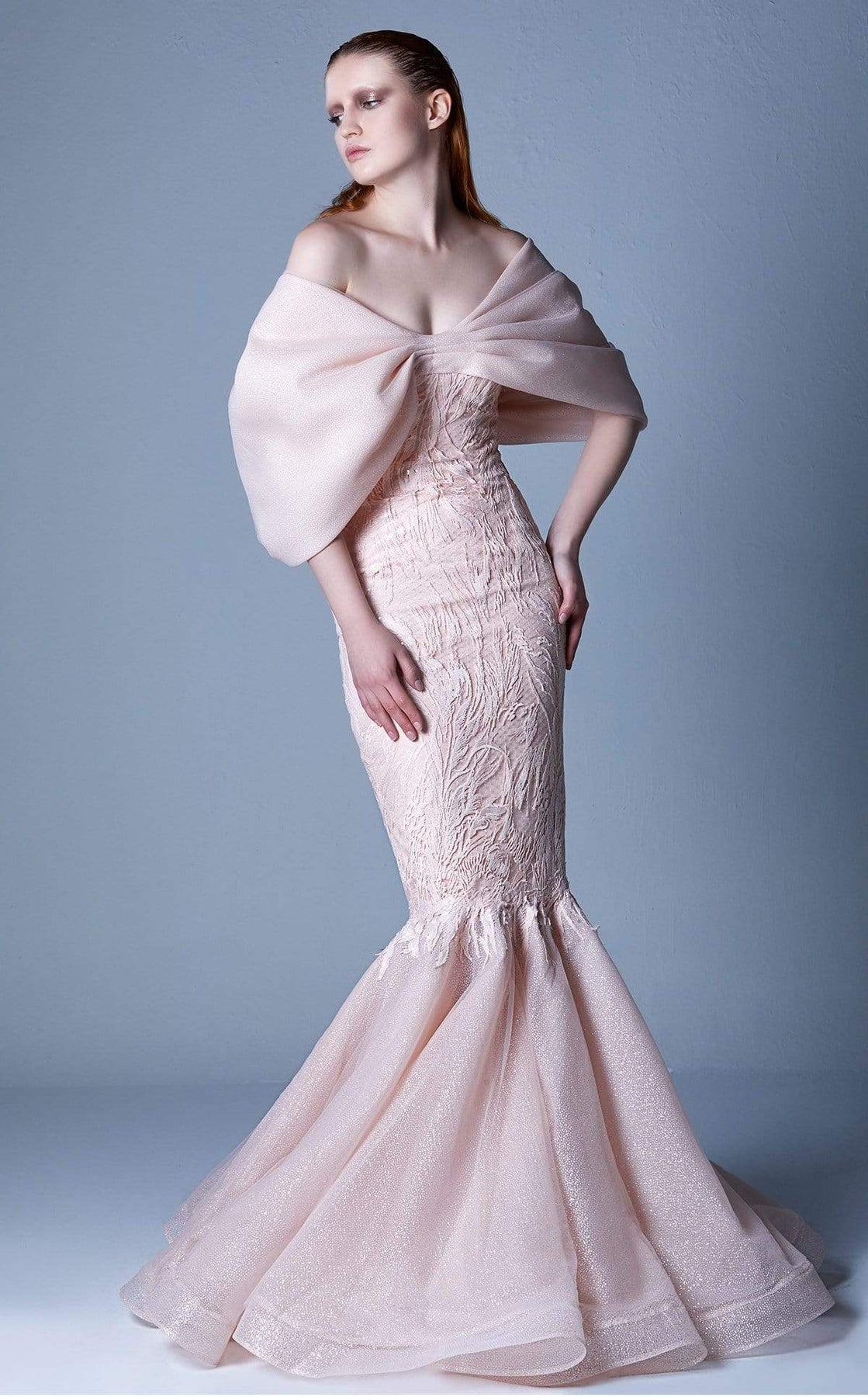 MNM COUTURE - G1103 Caped Off-Shoulder Mermaid Gown Evening Dresses 2 / Light Pink - Blush
