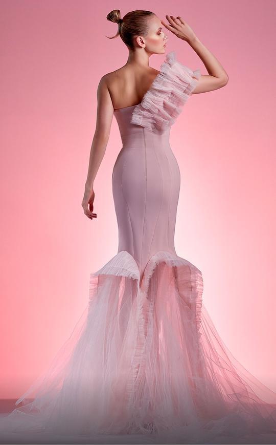 MNM COUTURE - G1205 Ruffle Pleated Mermaid Long Gown In Pink