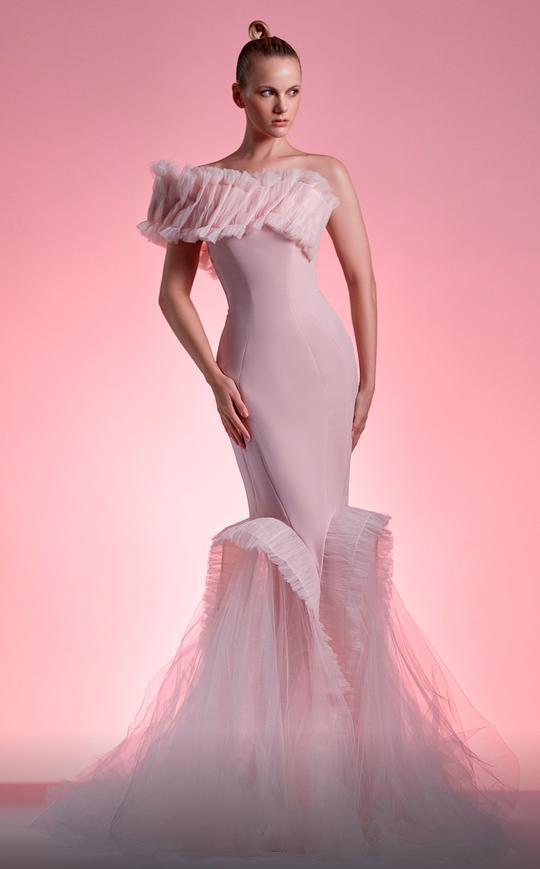 MNM COUTURE - G1205 Ruffle Pleated Mermaid Long Gown Evening Dresses 2 / Pink